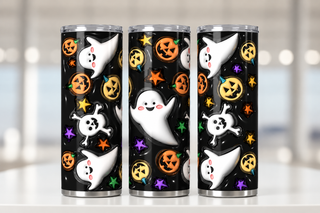 Ghosts, stars and jack-o-lanterns on black — three views of one stainless steel tumbler