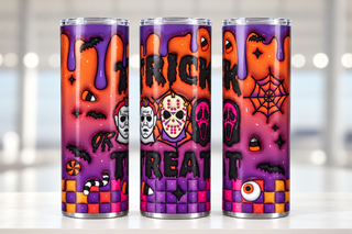 Trick or Treat: horror masks on orange-purple — three views of one stainless steel tumbler