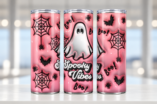 Spooky Vibes: white ghost and webs on pink — three views of one stainless steel tumbler