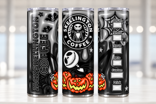 Striped-Suit Skeleton coffee parody with pumpkins — three views of one stainless steel tumbler