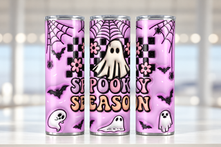 Spooky Season: ghosts and checkerboard on purple — three views of one stainless steel tumbler
