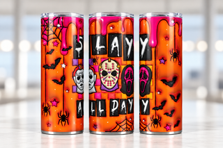 Slay All Day: horror masks — three views of one stainless steel tumbler