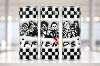 Horror Friends character lineup — three views of one stainless steel tumbler